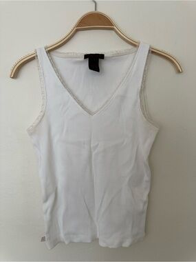 Ralph Lauren White Ribbed V-Neck Tank Top Ruffle Trim Y2K